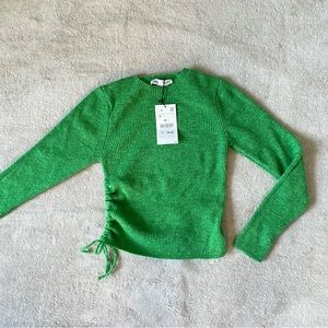 Zara Green Knit Top with a Ruched Side Split / Cut Out
